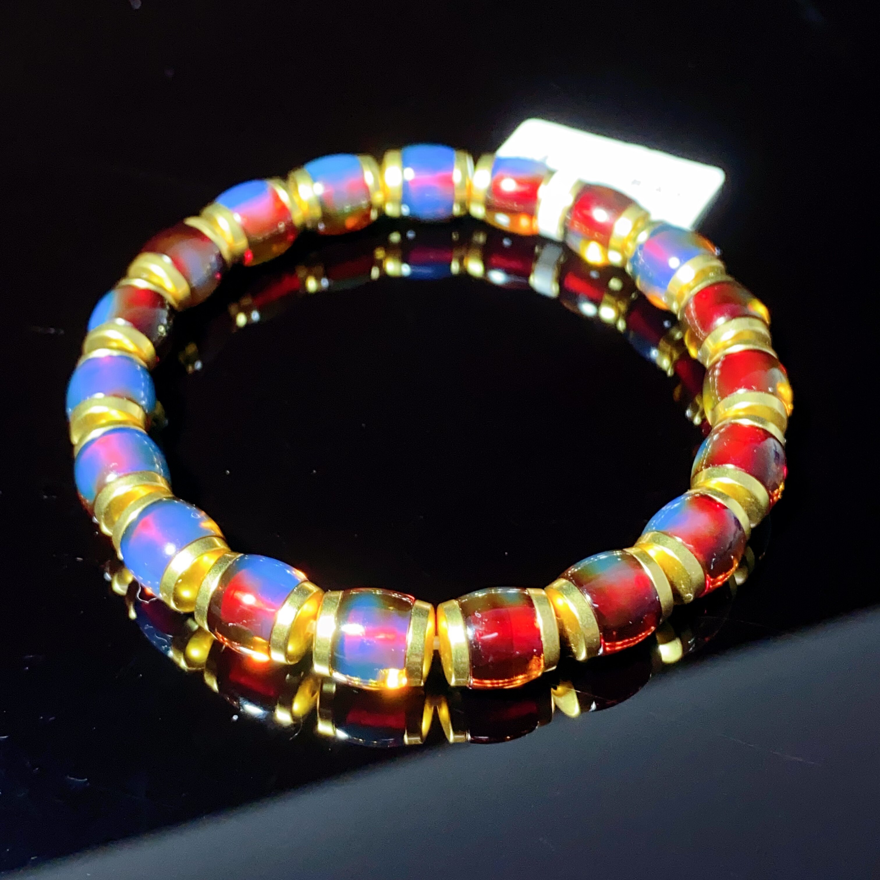 天然墨西哥精工直切红蓝珀手串S925银镶老型桶珠文玩手串手环