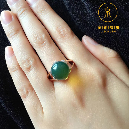 天然5A净水级别纯银蓝珀圆珠戒指