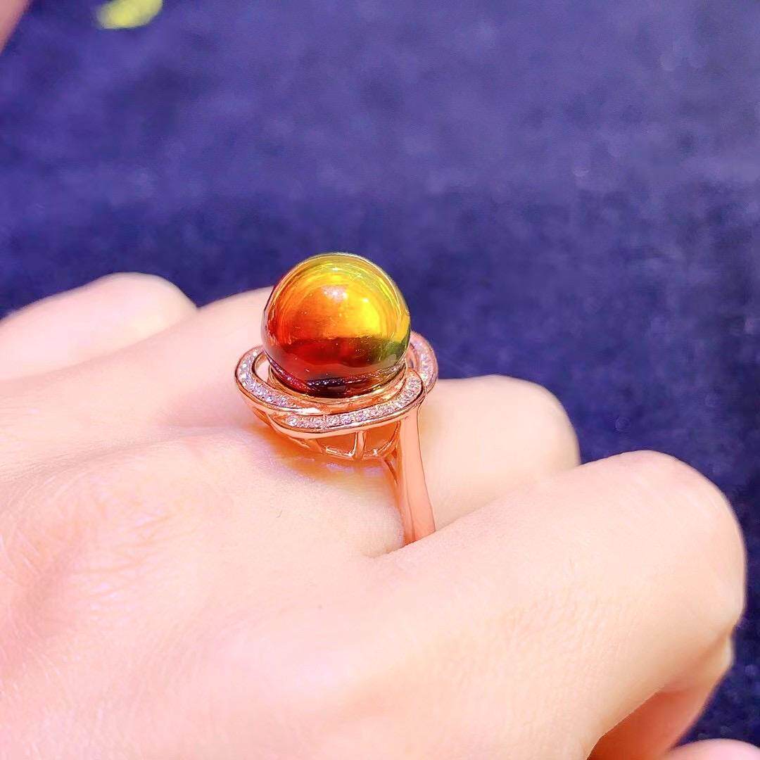 天然原矿琥珀蜜蜡墨西哥红蓝圆珠戒指简单时尚活口镶嵌精致女神