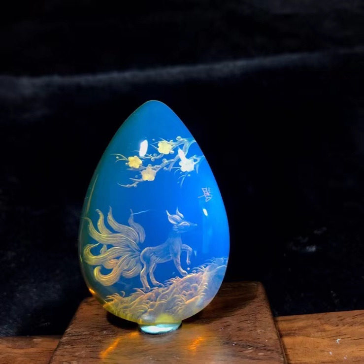 九尾狐 彭赣闽大师作品 天然墨西哥蓝珀阴雕吊坠琥珀蜜蜡水滴项链