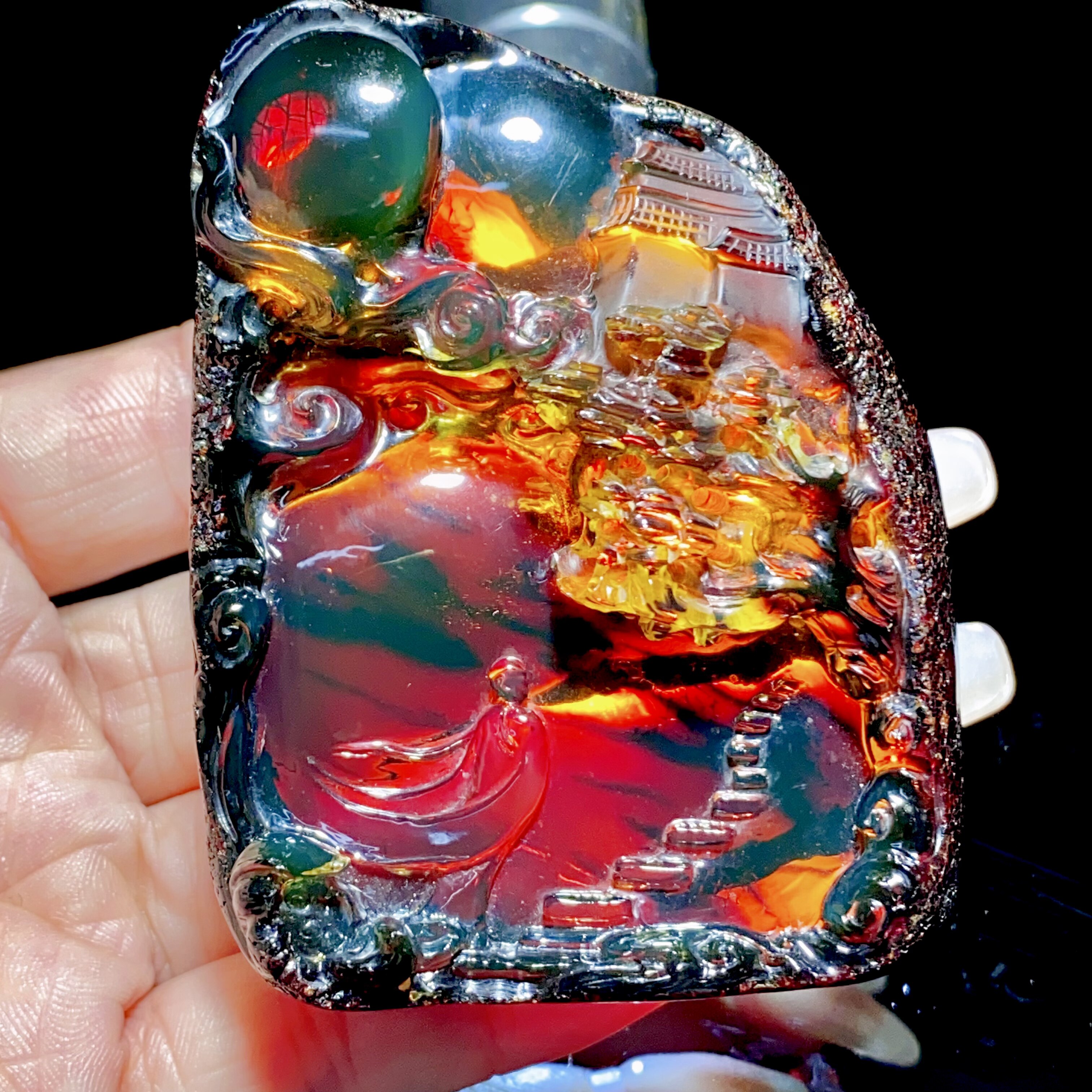 山水 天然墨西哥红蓝珀雕件挂坠摆件 稀有典藏血珀