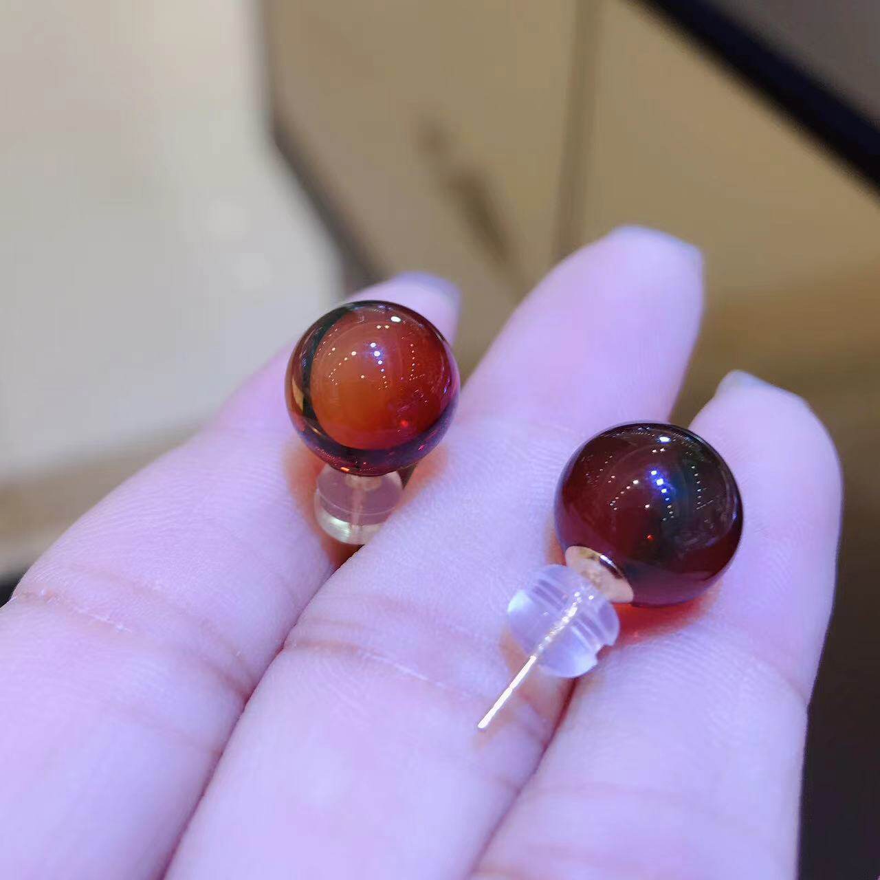 天然墨西哥红蓝珀耳环耳钩18K金镶耳坠复古风轻奢耳钉高级感耳饰