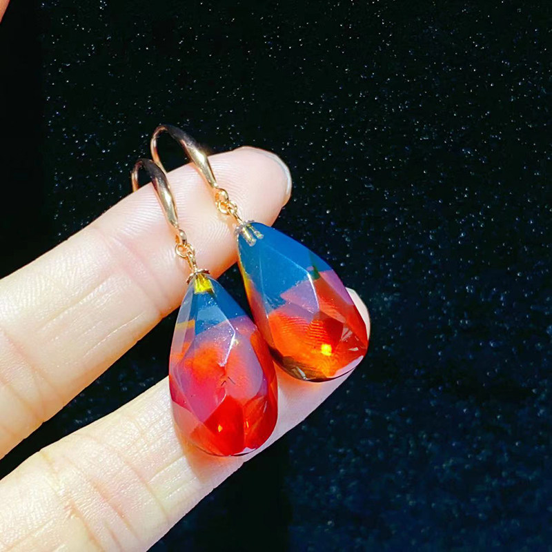 天然红蓝珀耳坠水滴钻切耳钩耳环女款气质网红耳钉小众高级感耳饰