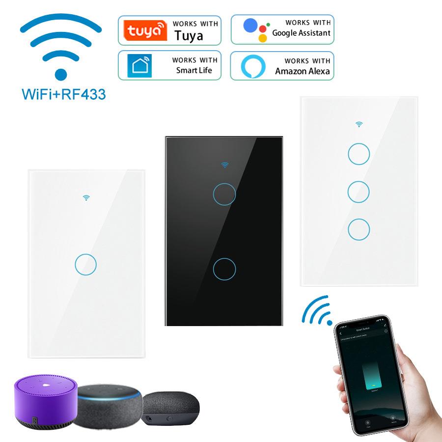 涂鸦WIFI智能触控开关美规欧规单火线触摸钢化玻璃面板家用RF433