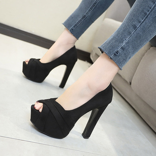 绒面防水台夜店职业鞋 春秋款 13cm性感浅口粗跟单鞋 超高跟鱼嘴鞋