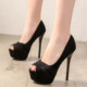 百搭黑色少女性感单鞋 14cm超高跟鱼嘴鞋 夜场防水台细跟显瘦职业鞋