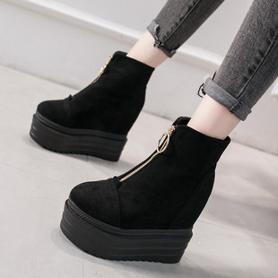 坡跟厚底短靴绒面前拉链超高跟女靴防水台 内增高马丁靴女2025新款