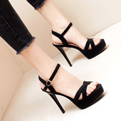 名媛防水台厚底一字带露趾模特走秀鞋 气质细跟凉鞋 女12cm超高跟鞋