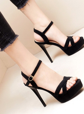 气质细跟凉鞋女12cm超高跟鞋名媛防水台厚底一字带露趾模特走秀鞋