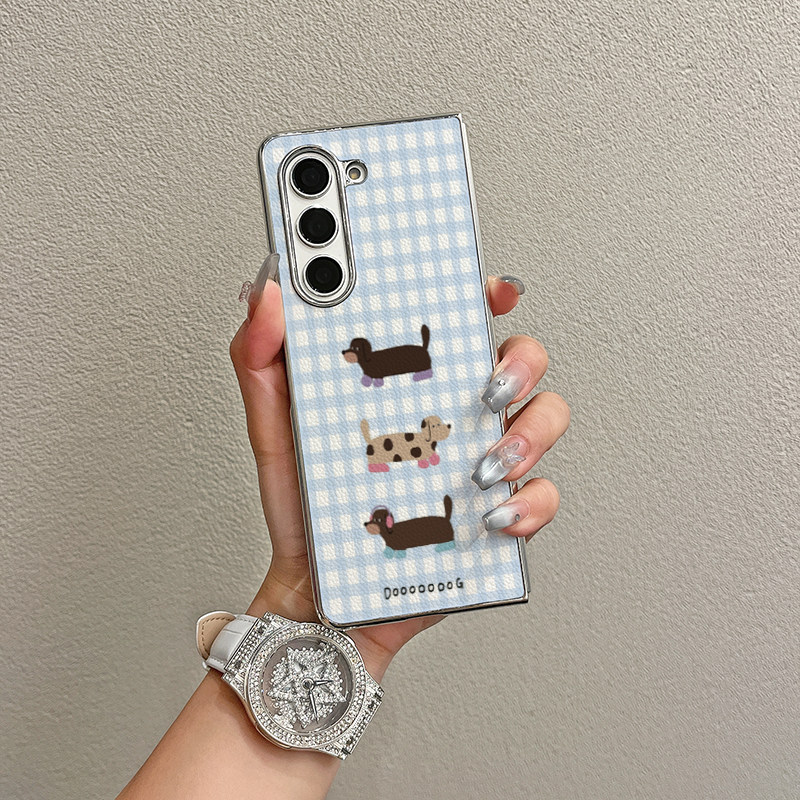 ins风韩系蓝色格纹狗狗适用于三星zfold5/4/3手机壳全包新款折叠屏韩国GalaxyW24/23/22限量翻盖防摔保护套女
