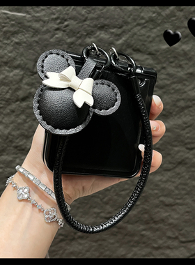 OU【网红水晶皮纹黑色手提绳】适用于荣耀magicvflip/flip2折叠屏手机壳可爱个性新款翻盖防摔保护套男女潮牌