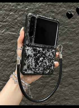 OU【潮牌黑色暗花纹磁吸手提绳】适用华为Purax/P50pocket折叠屏手机壳新款侧扣翻盖网红个性防摔保护套男女