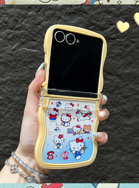 OU【小众波浪黄边蓝色渐变波点猫咪】适用于三星GalaxyZflip7/6/5/4折叠屏手机壳新款翻盖卡通防摔保护套男女
