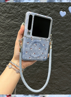 OU【卡通蓝色满屏猫咪磁吸牛仔皮纹手提绳】适用于华为Purax/P50pockets折叠屏手机壳新款翻盖防摔保护套男女