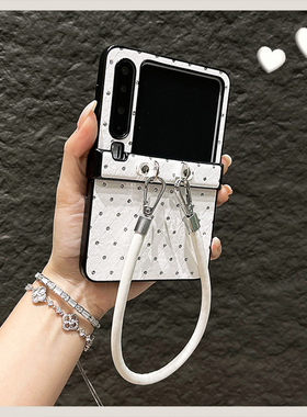 OU【高档菱格点钻白色手提绳】适用华为Purax/P50pocket折叠屏手机壳限量韩系时尚新款翻盖防摔保护套男女ins