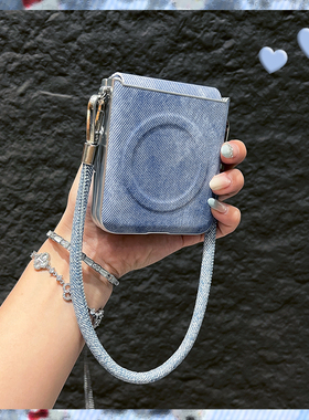 OU【简约蓝色磁吸牛仔皮纹手提绳】适用于小米MIXflip/flip2折叠屏手机壳新款小众翻盖韩系防摔保护套男女款