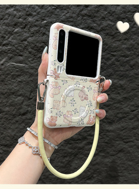 OU【韩系浅黄色猫咪碎花磁吸皮质手提绳】适用华为Purax/P60pockets折叠屏手机壳新款时尚翻盖防摔保护套男女