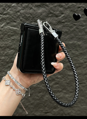 OU【个性水晶皮纹黑色编织手提绳】适用于荣耀magicvflip/flip2折叠屏手机壳简约小众新款翻盖防摔保护套男女