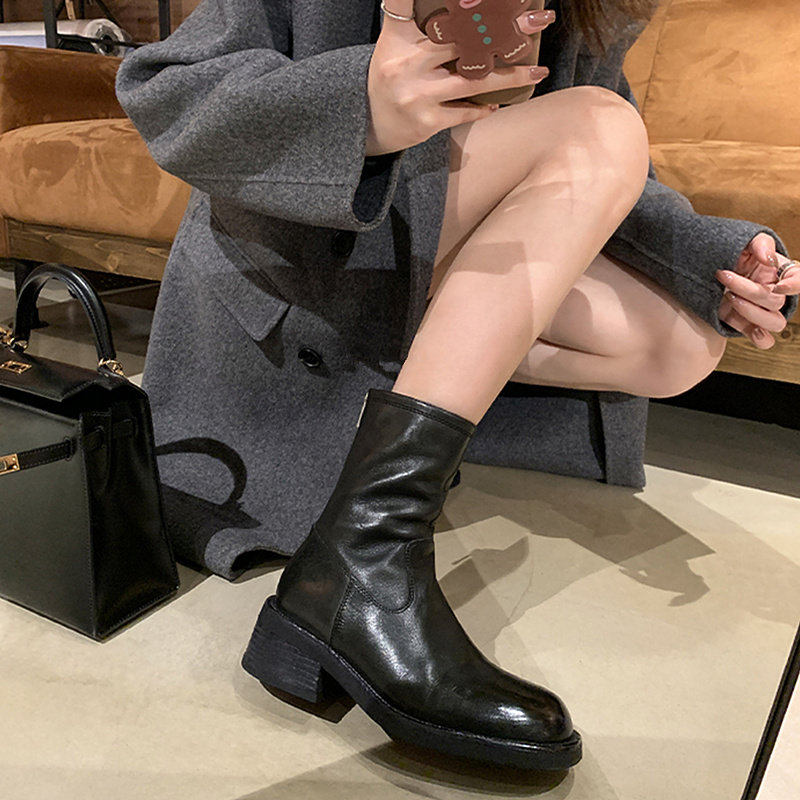 韩国厚底瘦瘦靴子女2025新款秋冬小踝靴粗跟法式真皮圆头马丁短靴