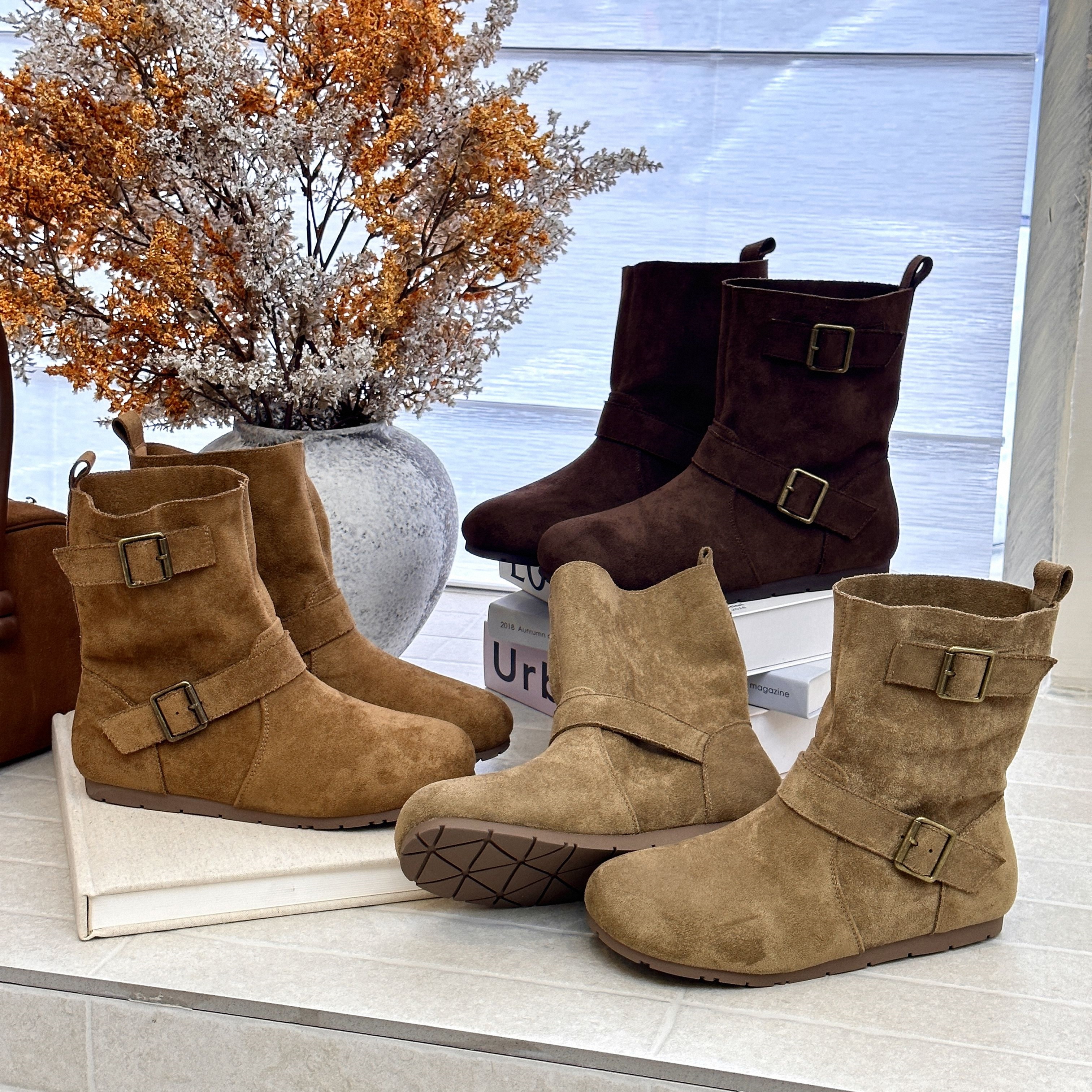 韩国双皮带扣堆堆马丁短靴女