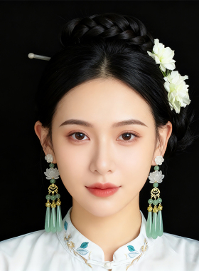 悦己原创新中式国风长款绿色流苏夸张耳饰女耳钉高级感无耳洞耳夹