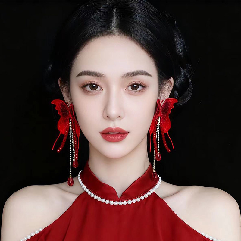 悦己原创夸张蝴蝶流苏长款红色耳饰女新娘耳环无耳洞耳夹耳钉新年