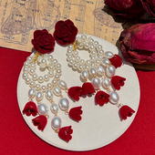 悦己中式 夸张流苏长款 红色珍珠耳饰女新娘结婚耳环耳钉无耳洞耳夹