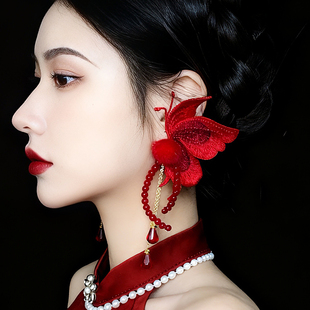 悦己原创蝴蝶流苏长款夸张红色耳饰女新娘耳环无耳洞耳夹耳钉秋冬