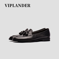 viplander 2021新款真皮胎牛英伦休闲流苏一脚蹬软皮乐福皮鞋男