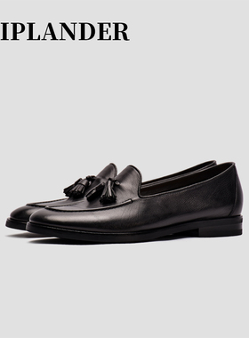 viplander 2021新款真皮胎牛英伦休闲流苏一脚蹬软皮乐福皮鞋男