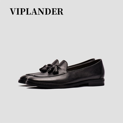 viplander 2021新款真皮胎牛英伦休闲流苏一脚蹬软皮乐福皮鞋男