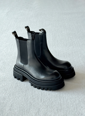 VIPlander厚底切尔西靴男冬季真皮增高英伦风黑色短靴154521