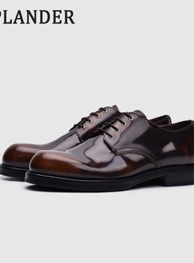 viplander 手工真皮开边珠光面蜜蜡擦色皮英伦休闲大头德比皮鞋男