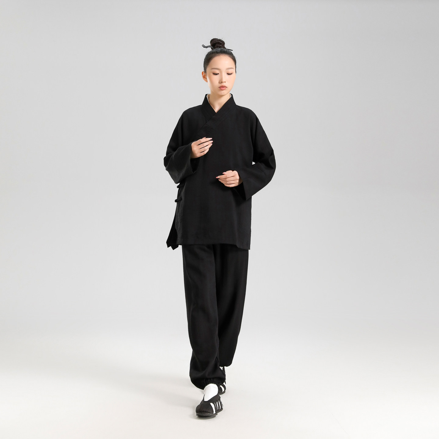 云青玄男女款亚麻黑色道袍道士服太极服春夏款禅修居士短袍套装