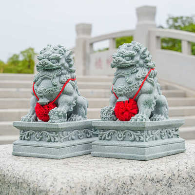 中式招财石狮子一对镇宅家用摆件鱼缸造景桌面家居装饰青石石狮子