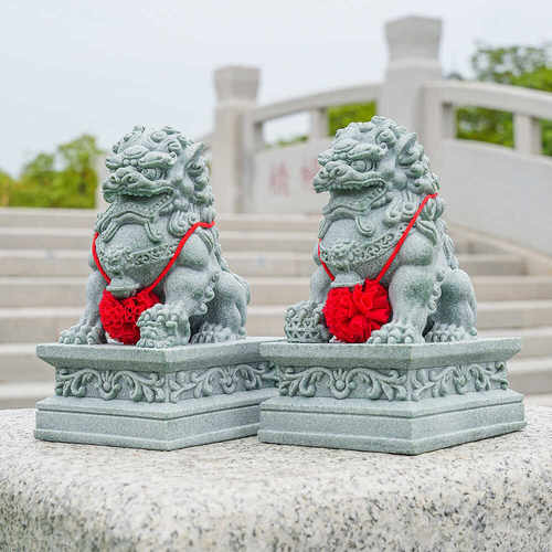 中式招财石狮子一对镇宅家用摆件鱼缸造景桌面家居装饰青石石狮子