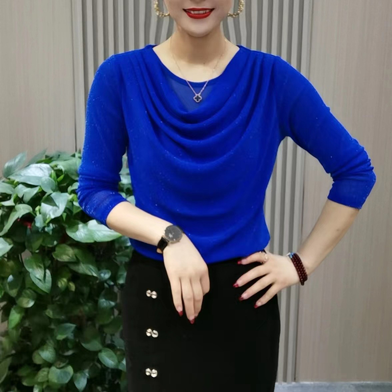 W 新款百搭纯色上衣早秋长袖堆堆领打底衫中年洋气T恤宽松长袖潮