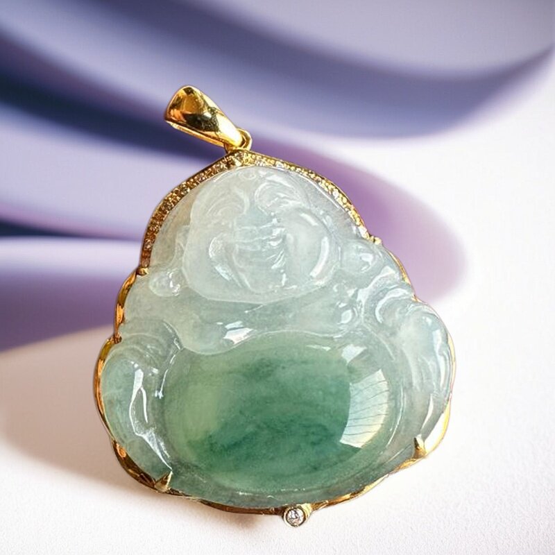 缅甸天然翡翠A货冰种18K黄金框飘绿佛公女款吊坠金镶玉伴钻附证书