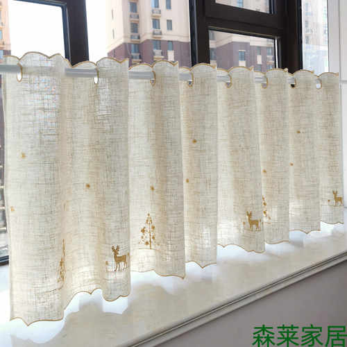免打孔半截美式厨房阳台棉麻窗帘