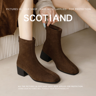 真皮时尚短靴秋冬单靴百搭女鞋软面软底粗跟防滑马丁靴方头瘦瘦靴