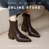 羊皮法式 尖头弹力瘦瘦靴低跟2025秋冬新款 粗跟短靴女复古切尔西靴