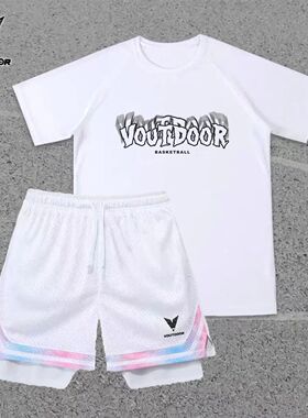 VOUTDOOR美式篮球服套装短袖速干t恤短裤学生训练服双层紧身运动