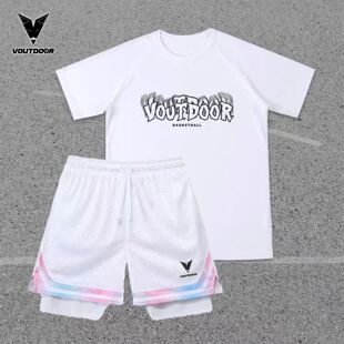 VOUTDOOR美式篮球服套装短袖速干t恤短裤学生训练服双层紧身运动