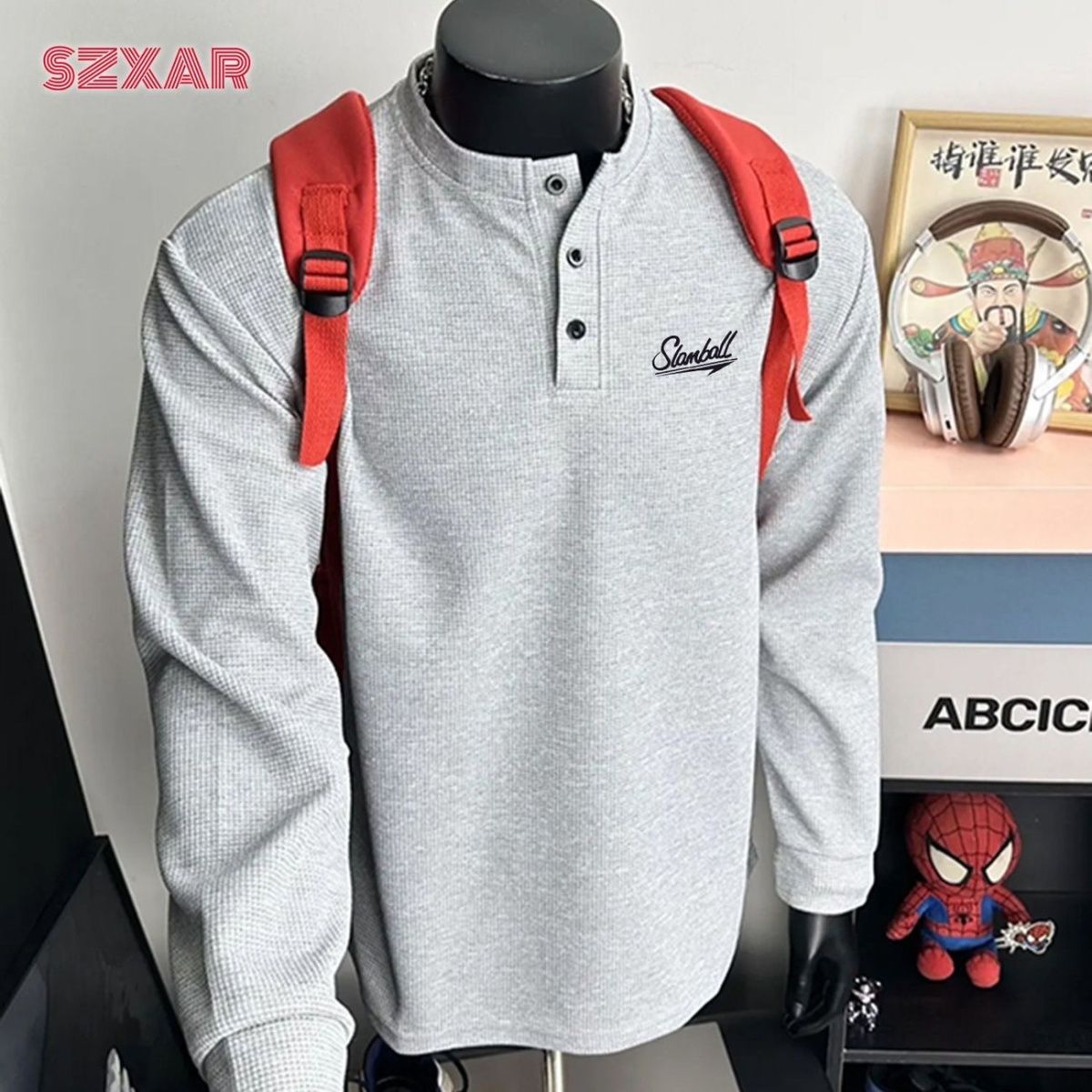 SLAMBALL美式纯色亨利领长袖T恤男春季2025新款宽松内搭打底上衣