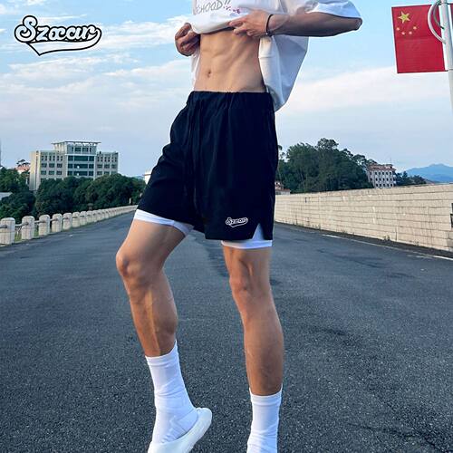SZXAR短裤男夏季速干不过膝假两件运动裤潮牌跑步训练四分篮球裤