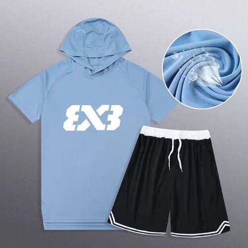 3V3美式投篮训练服男连帽短袖健身跑步速干运动t恤透气篮球服儿童