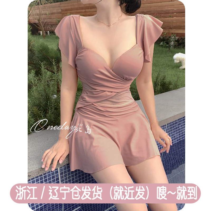 温泉泳衣粉色遮肚连体度假超显瘦