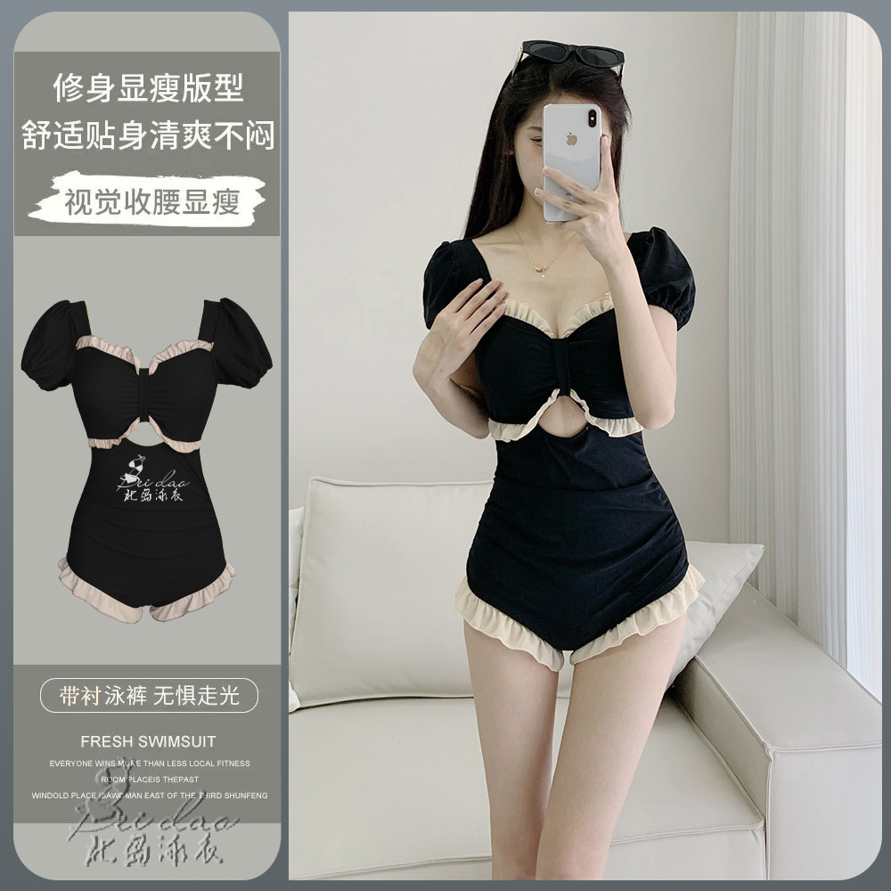 泳衣女夏2025新款连体短袖荷叶边收腰显瘦性感小胸聚拢温泉泳装