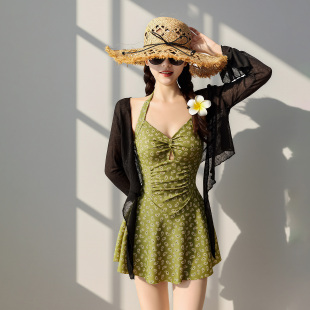 温泉泳衣度假泳装 泳衣女士连体保守裙式 时尚 爆款 遮肚显瘦绿色新款