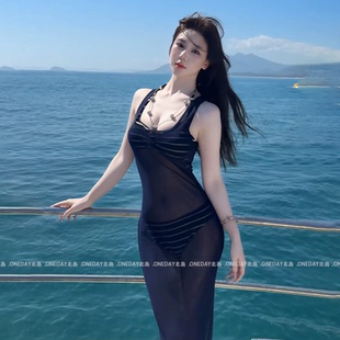 韩系ins比基尼三件套长裙网纱泳衣性感度假泳衣显瘦遮肉小胸泳衣